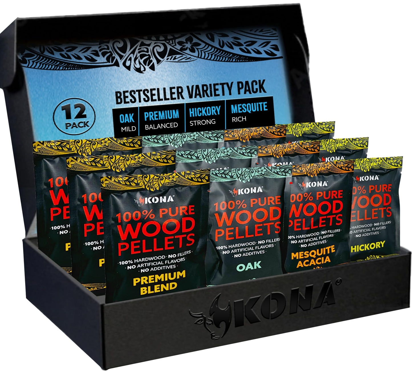 Kona Wood Pellets Intended for Ninja Woodfire Grill, 12 Stay-Fresh Smoke Pods (4 Flavors) - Sealed Single-Use Pouches for No-Mess Smoking Sessions