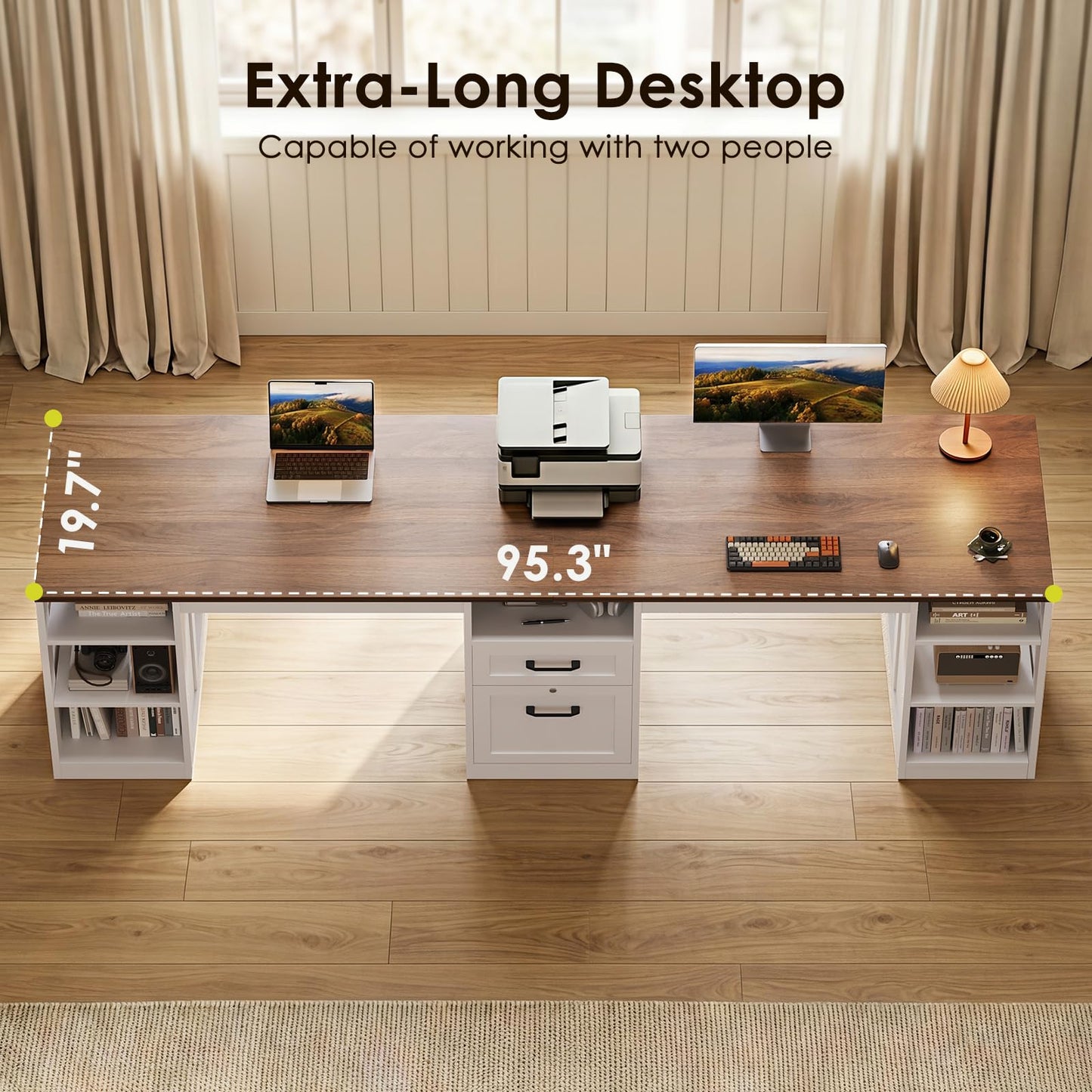 OffiGo Farmhouse 95.3 Inch Two Person Computer Desk, Walnut+ White