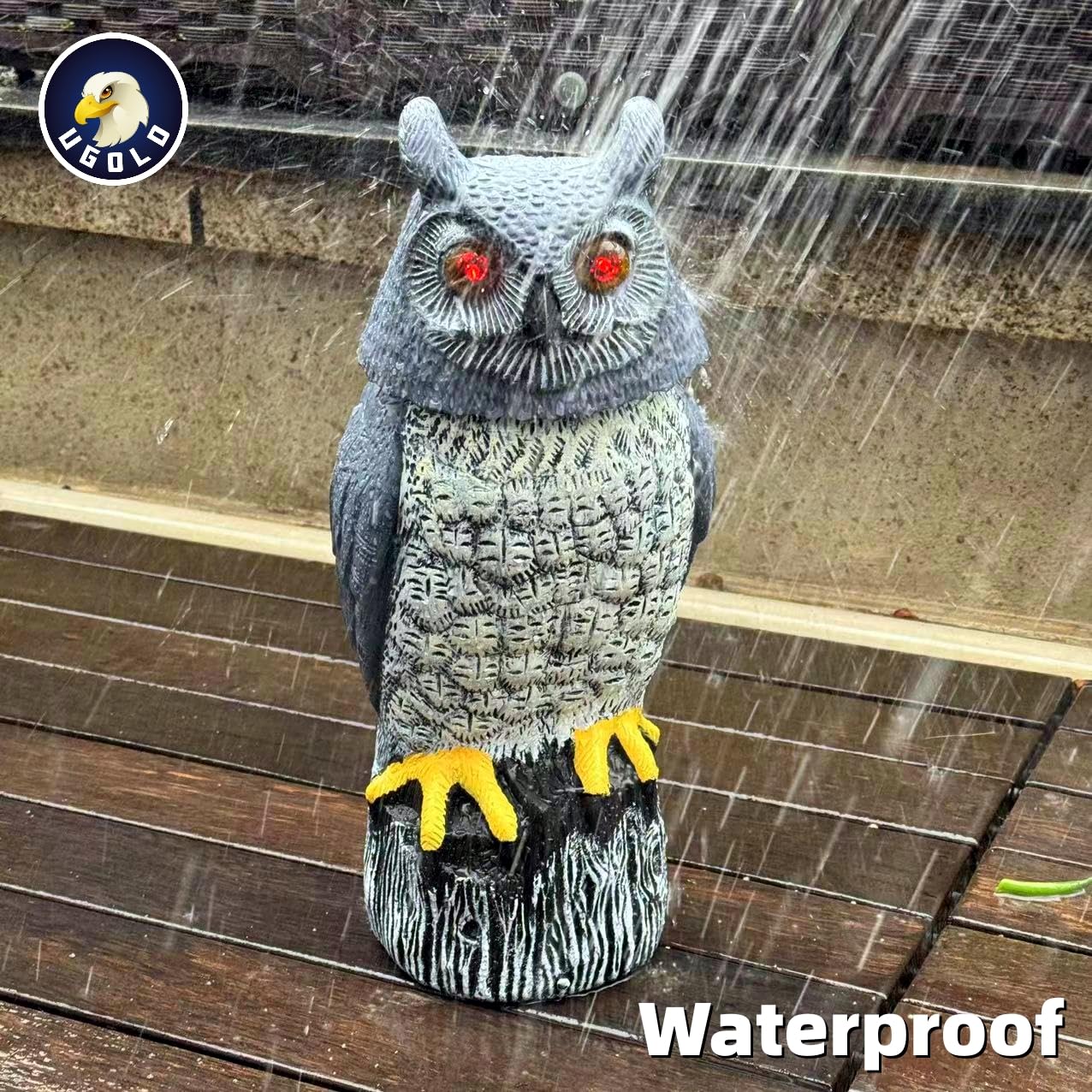 Ugold Solar Powered Garden Owl with Motion Detection, Rotating Head, Realistic Hoots and Silent Mode, Outdoor Statue and Sculpture, Owl Decoration for Home, Garden, Patio and Lawn