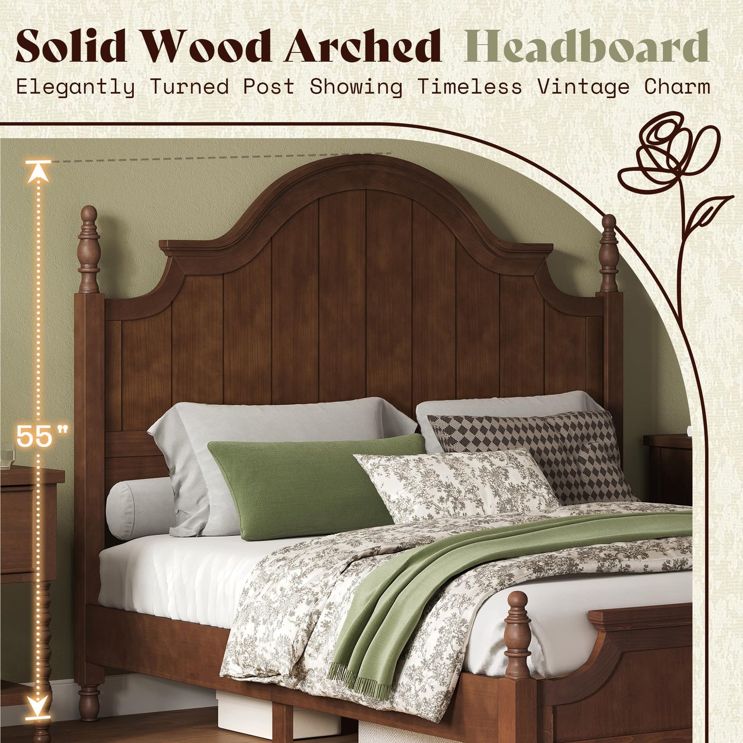 AMERLIFE Solid Wood California King Bed Frame, Traditional Poster Platform Bed with 55" Tall Arched Headboard, Wood Slat Support, No Box Spring Required, Dark Walnut