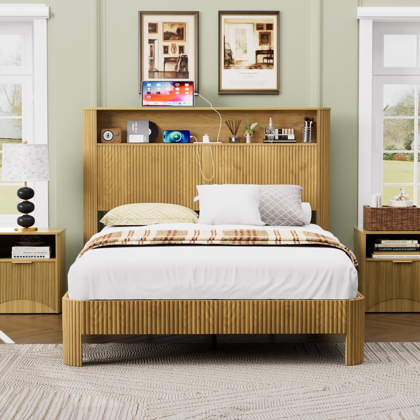 Rumiiro Full XL Size Bed Frame with Fluted Headboard Storage, USB/Outlets, Quiet Metal Slats, No Box Spring, Natural Oak