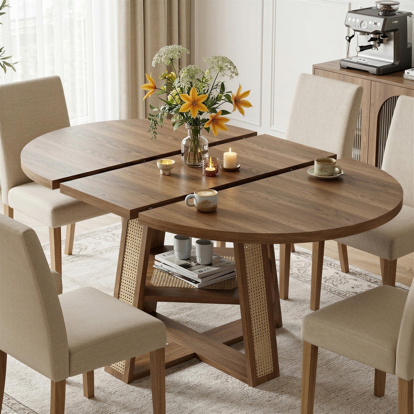 LIKIMIO 43"-59" Extendable Round Dining Table for 4-8, Transformer Oval Dining Room Table with Removable Leaves Space Saving, Wood Base Kitchen Table with Storage Shelf for Living Room, Walnut