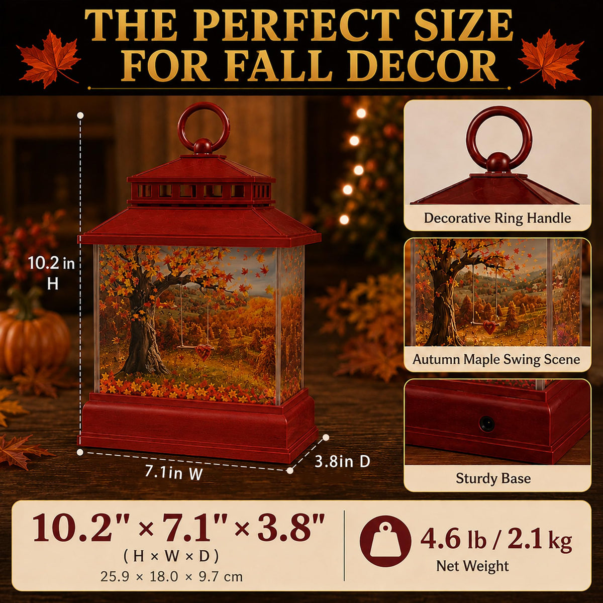 Fall Snow Globe Lantern, Musical Glitter, 6 Hour Timer, Autumn Home Decor