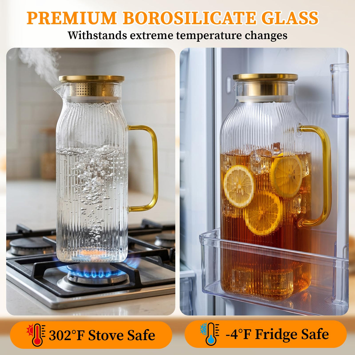 2 Pack Glass Pitchers with Gold Lids, 68 oz/2 Liter Sun Tea Pitcher, Square Pitcher with Vertical Stripes and Handle, Heat-Resistant, Suitable for Refrigerator Storage, Tea and Beverage Container