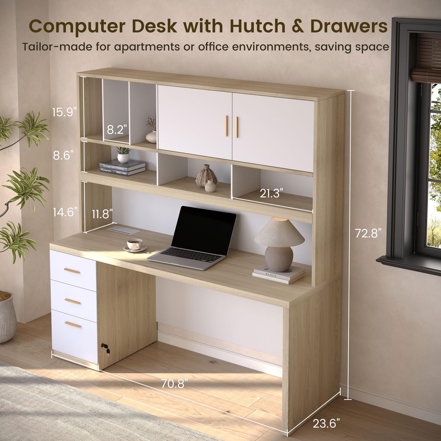 ModernMate 72.8" Computer Desk with Hutch and Drawers