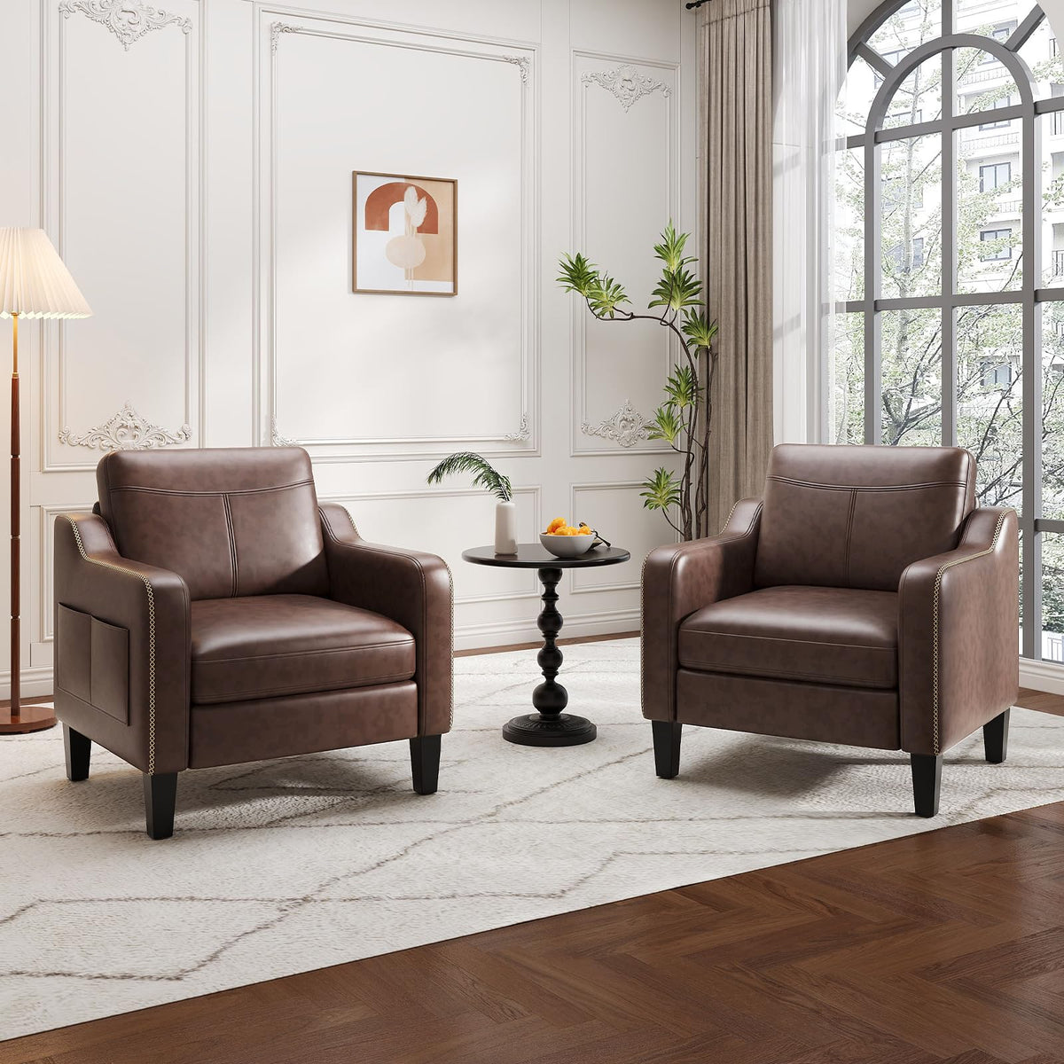 MALOL PU Leather Accent Chair Set of 2 with Wood Frame, Chocolate Brown