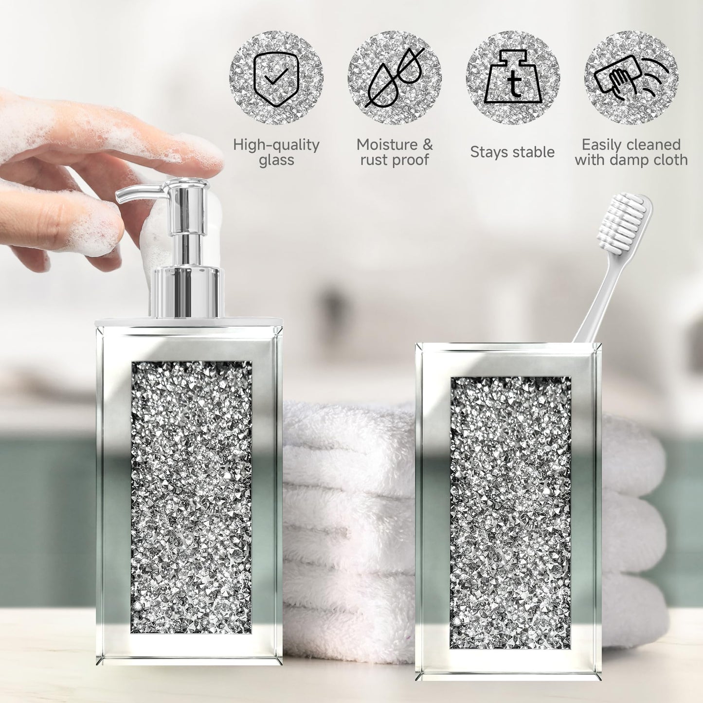2Pcs Silver Bathroom Set, Mirror Finish & Diamond Accent Soap Holder,Modern