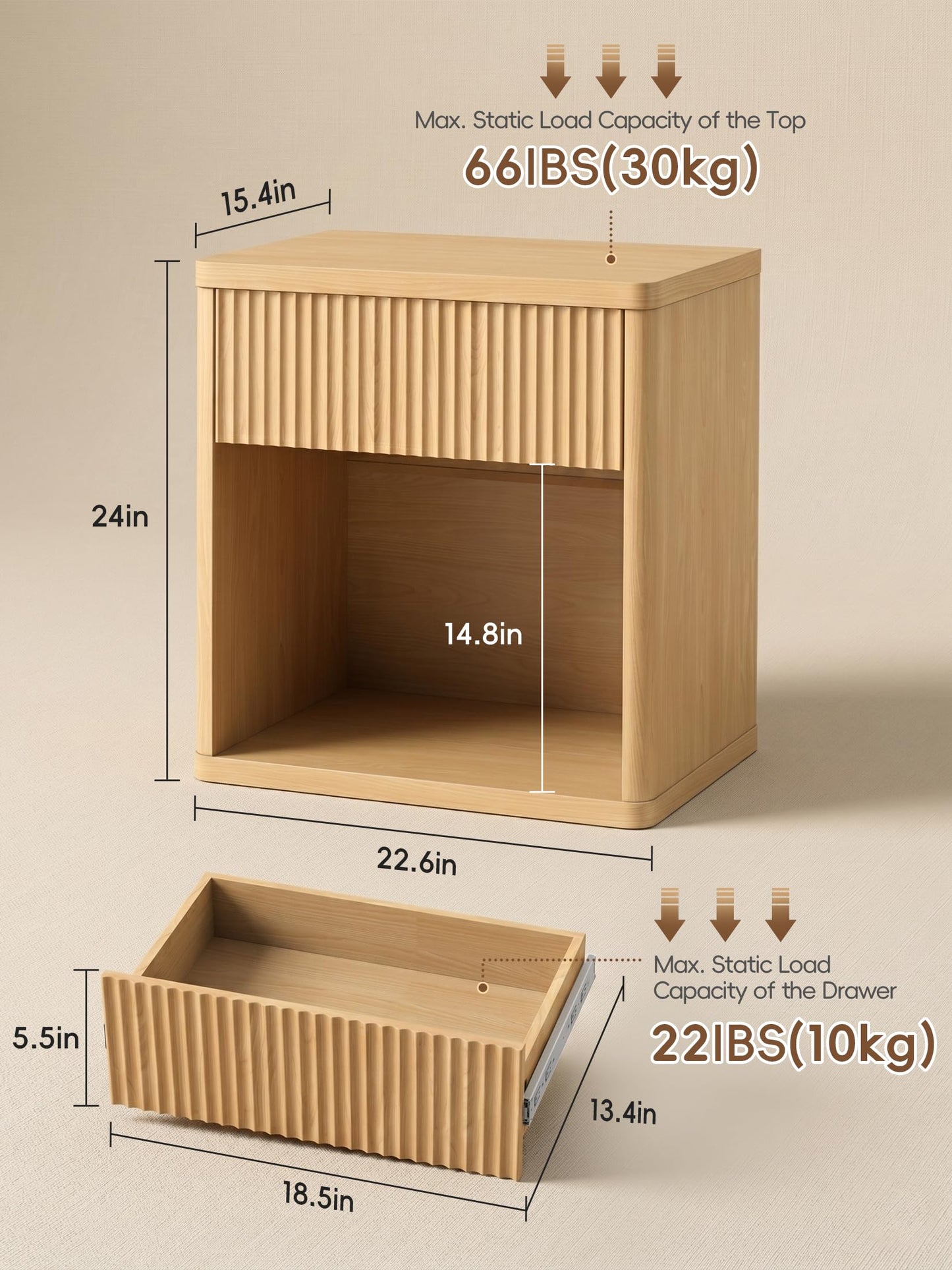 LubanNese Fluted Nightstands Set of 2, Modern Night Stands with Drawer, Bedside Table with Storage Open Shelf, Mid Century Large Wide Wood End Table for Bedroom Living Room, Natural