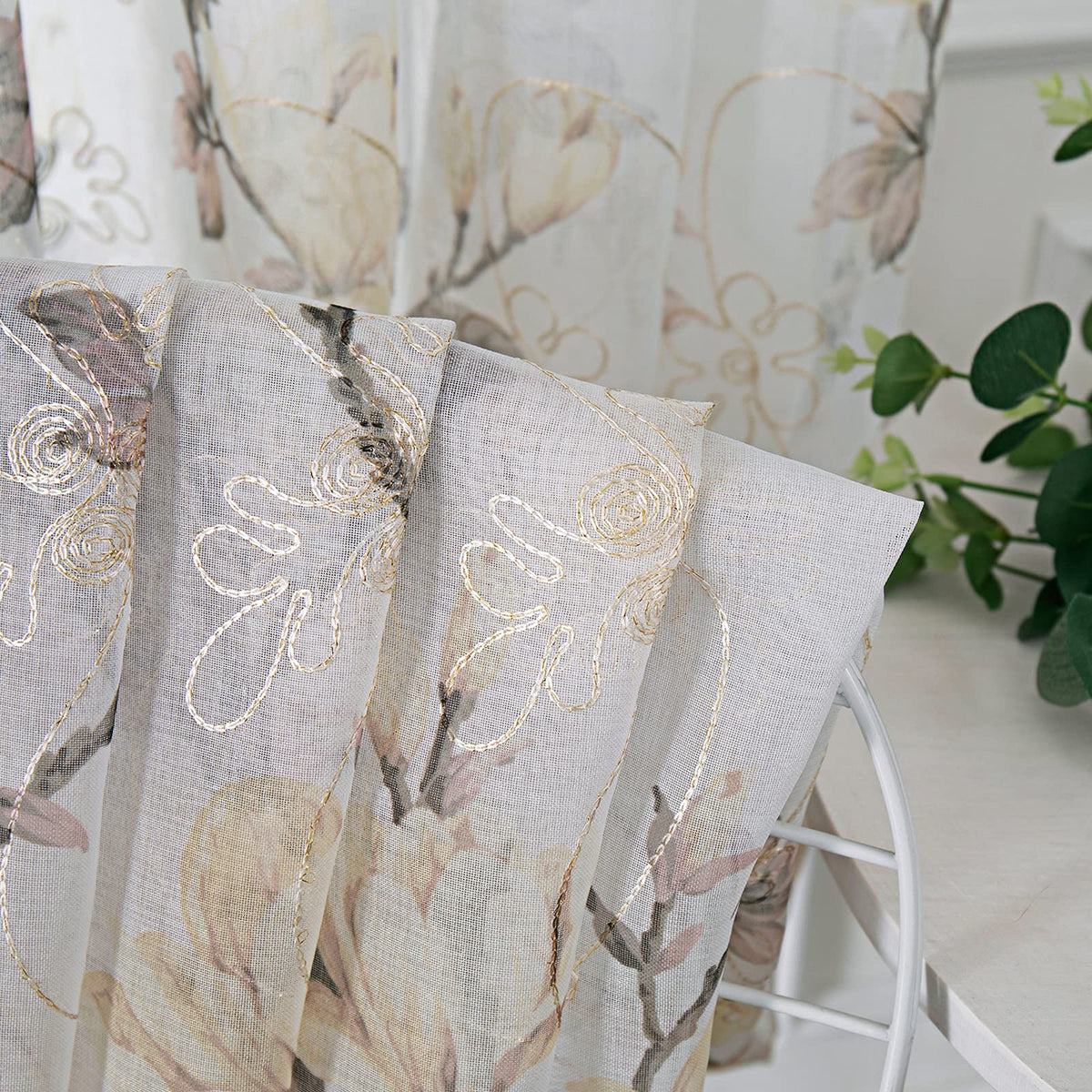 Tollpiz Floral Short White Sheer Tier Curtains Flower Print Vine Embroidery Kitchen Half Curtain Rod Pocket Café Voile Window Curtains for Bathroom, 30 x 24 inches Long, Set of 2 Panels