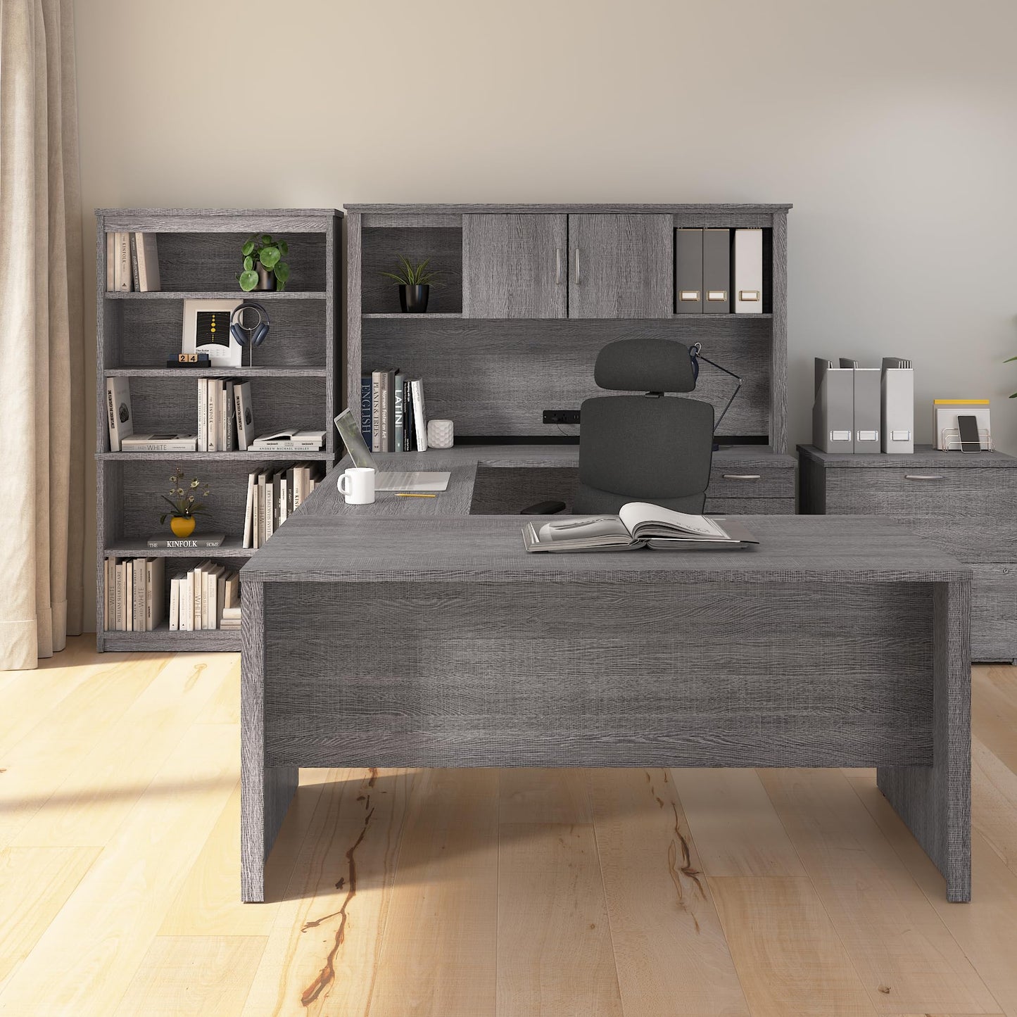 Bestar U or L Shaped with Hutch and File Cabinet, Bark Grey, Logan, 66W