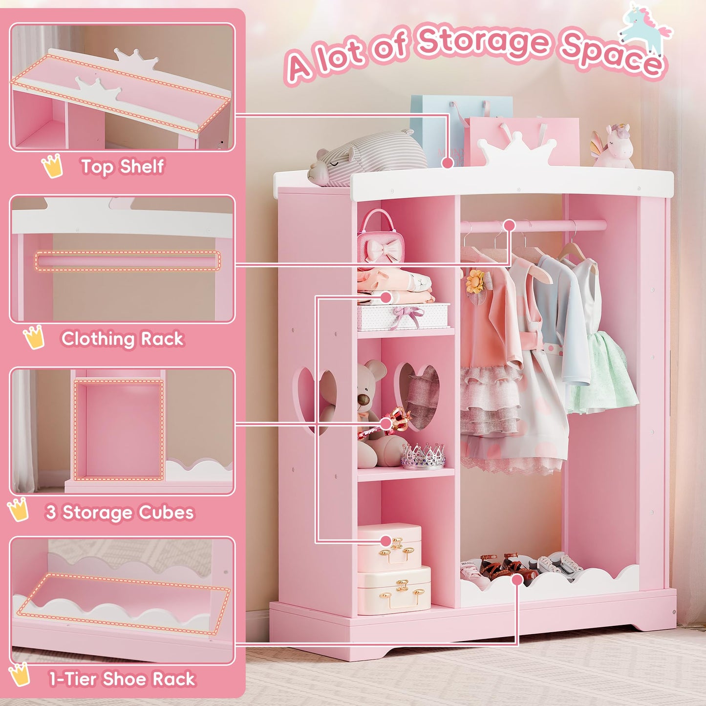 Xilingol Kids Armoire with Jewelry Cabinet, Dress up Storage with Mirror and Shelves, Princess Dress Closet and Costumes Wardrobe Closet, Costume Organizer for Bedroom, Kids Room, Girls (Pink)