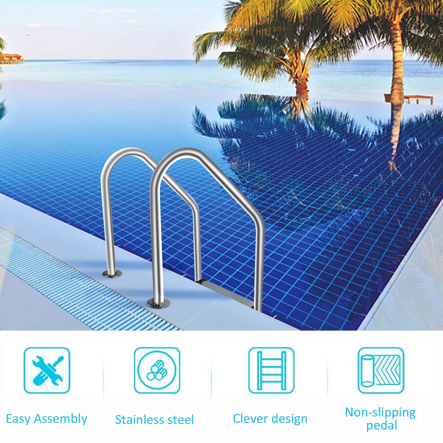 DOEL Swimming Pool Ladder, Non-Slip Steps Ladder, 3-Step In-Ground Stainless Steel Step for Indoor/Outdoor Pool, Easy Assembly and Climbing