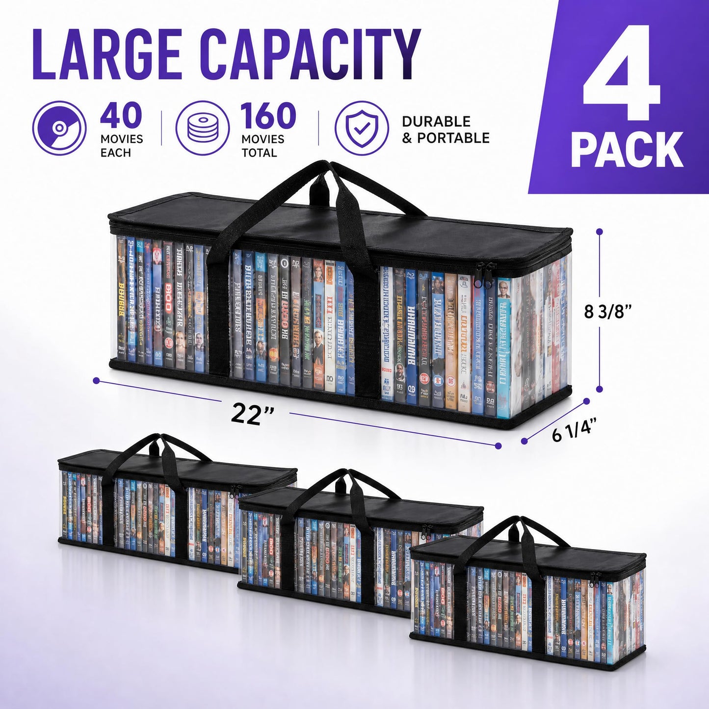 Fasmov Set of 4 DVD Storage Bags Hold up to 160 DVDs (40 Each Bag), Water Resistant DVD Holder Case with Handles, Transparent PVC Media Storage for DVDs, CDs, Video Games, Books