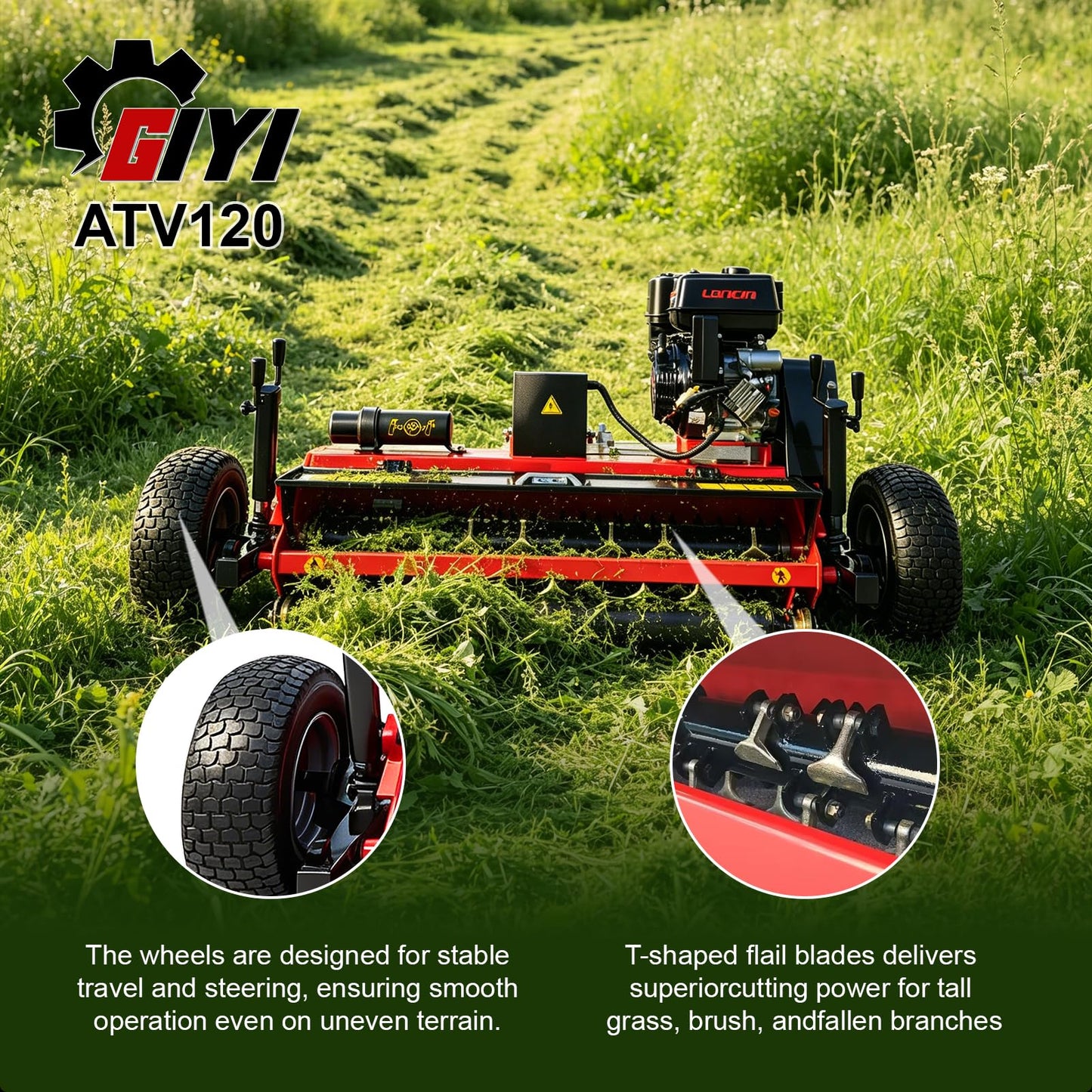 GIYI 47.24" Tow-Behind ATV Offset Flail Mower, 15HP 420cc E-Start Gas Engine Powered, All Terrain Weed Whacker Brush Cutter for Garden, Hillside, Farm, Orchard & Heavy Grass