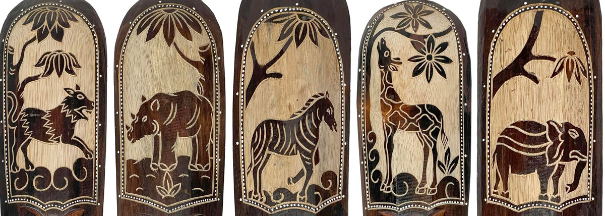 Zeckos Set of 5 African Animal Wall Masks, Hand-Carved Wood, 20 Inch