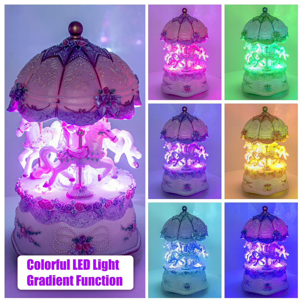 Carousel Music Box,Luxury Color Change LED Light ,Luminous Rotating 3-horse