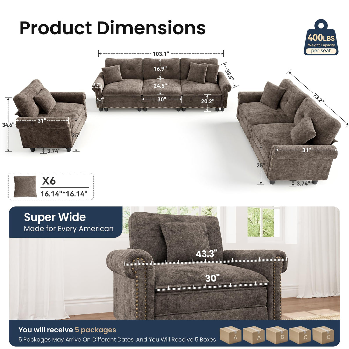 PHI VILLA Modular Sectional Sofa Set Living Room 3-Piece Extra Deep Seats