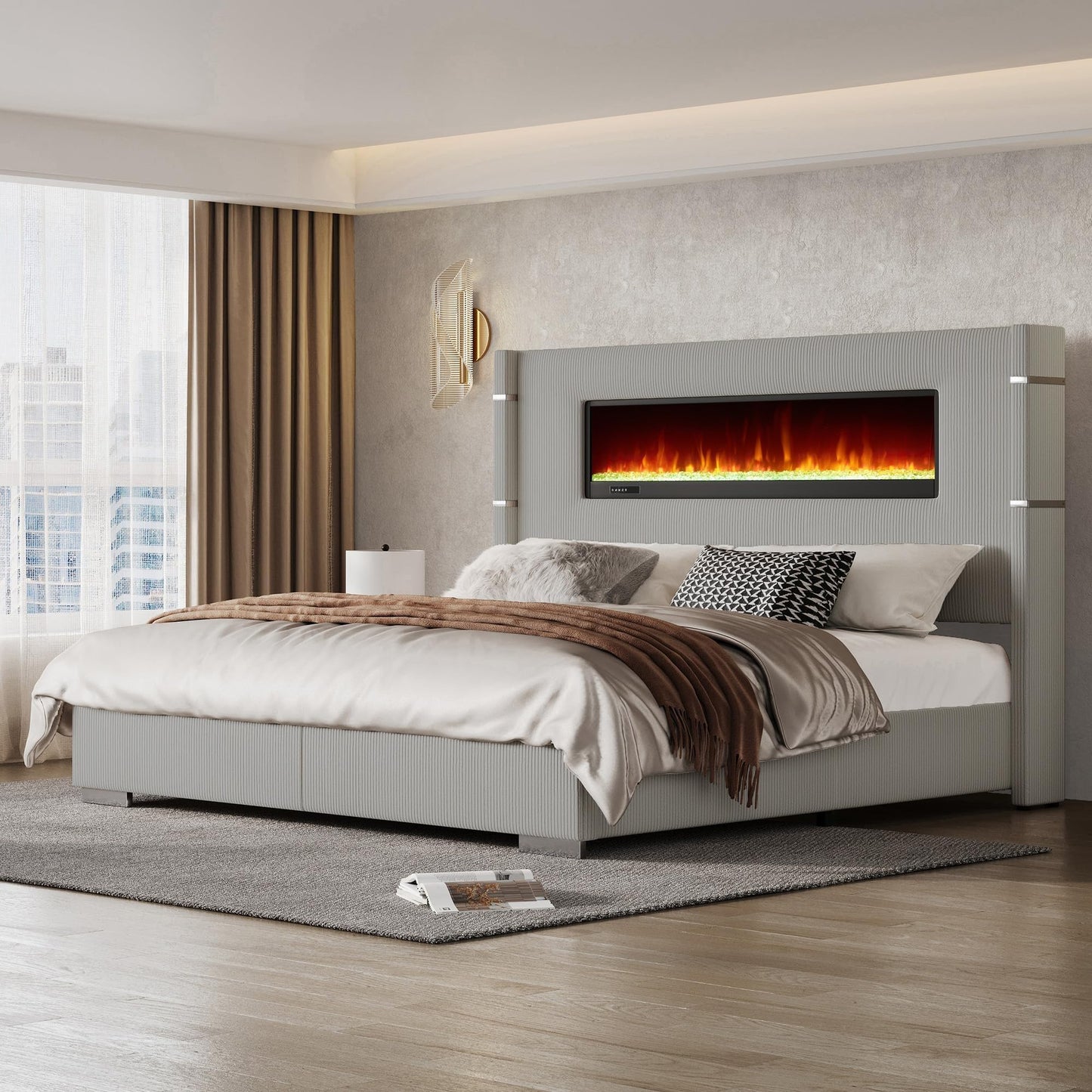 AMERLIFE 60.4“ California King Upholstered Bed Frame with Fireplace, Greige