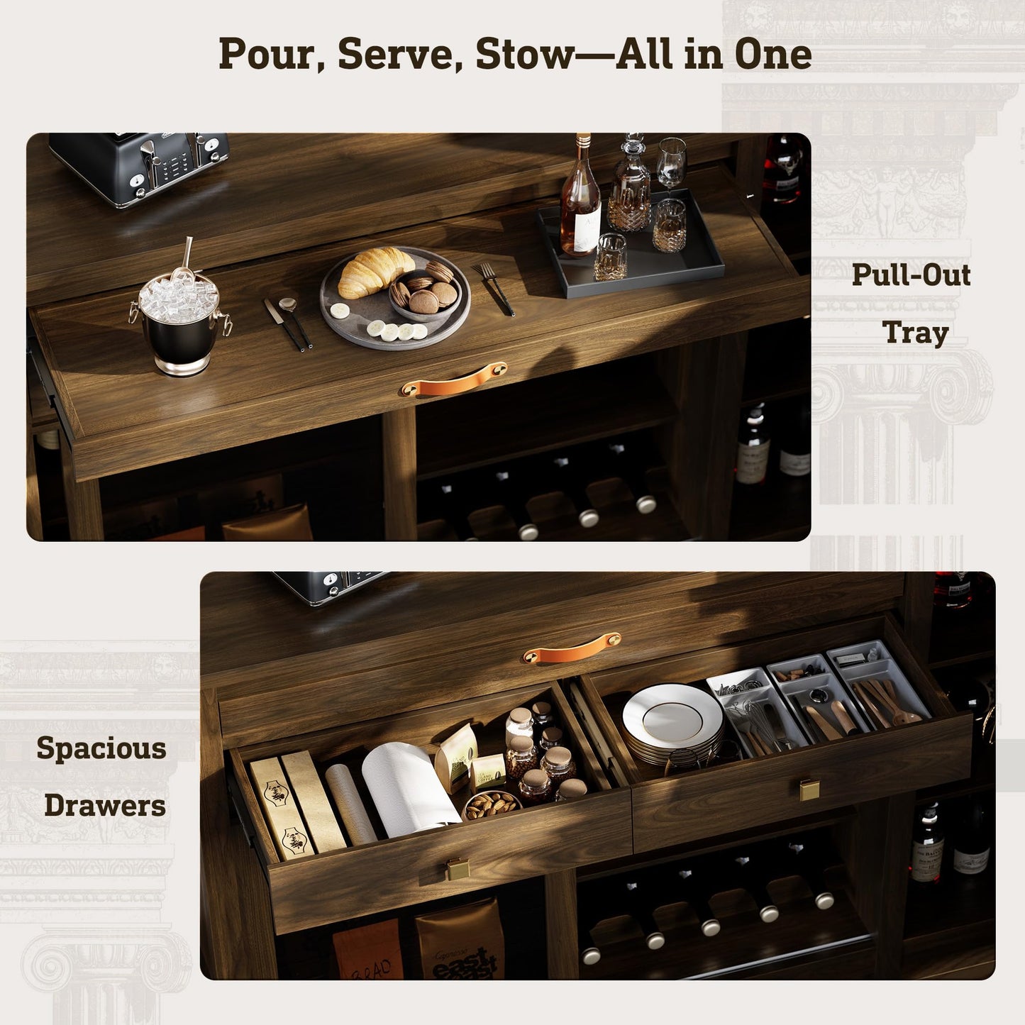 STO'SENSE Extra Large Coffee Bar Cabinet w/Fridge Space&Power Outlet,Lux MiniFridge Cabinet w/2Drawers,Wine Rack,Leather Handle,Adj.Shelves,Bar Tray,Glass Holder&Sliding Door,Buffet Sideboard,Walnut