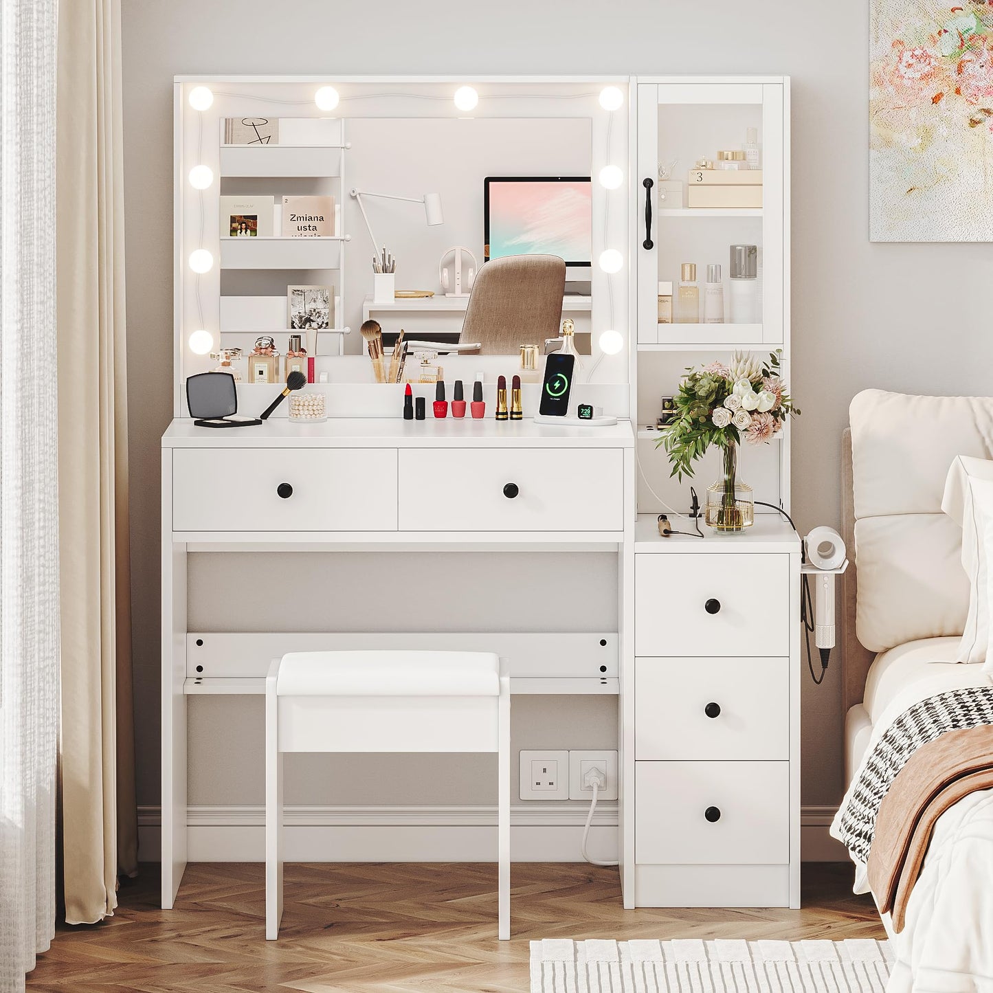 UGTOO White Vanity Table with Drawer Dresser, Farmhouse Vanity Makeup Desk with Charging Station, Vanity Desk with Lights Mirror & Drawers for Makeup, Vanity Desk with Storage Shelf & 5 Drawers
