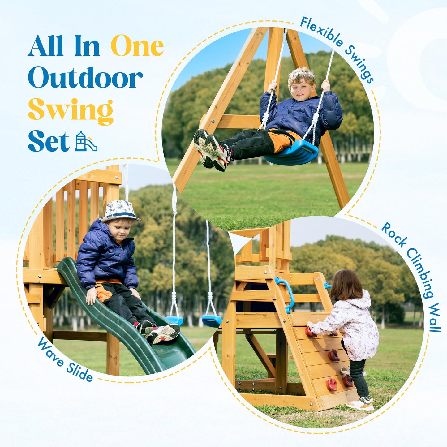 ROBOTIME Wooden Swing Set for Backyard, All-in-One Kids Outdoor Play Equipment with Swings, Slide, Climbing Rope Ladder, Outdoor Swing Playset for Kids Ages 3-10