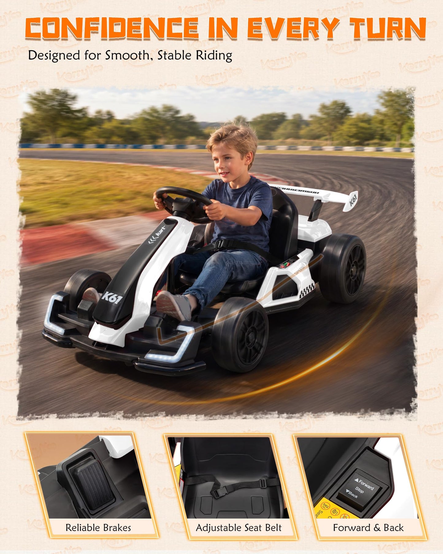 KerryYoo K61 Go Kart Electric Drift Kart with Length Adjustable Seat, 24V Outdoor Ride on Toy with 4 Speed Mode, Crazy Kart for Kids 6-12 Years Old, Fast 300W Motor, 8.5 MPH, Bluetooth - White