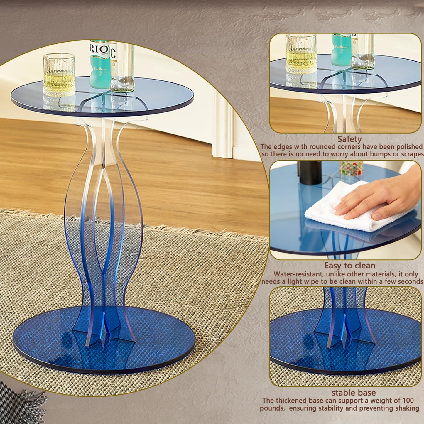 Zvaxioyv Acrylic Side Table, Clear End Table, Round Drink Table, Modern Nightstand for Living Room, Coffee Tables for Bedroom, Blue