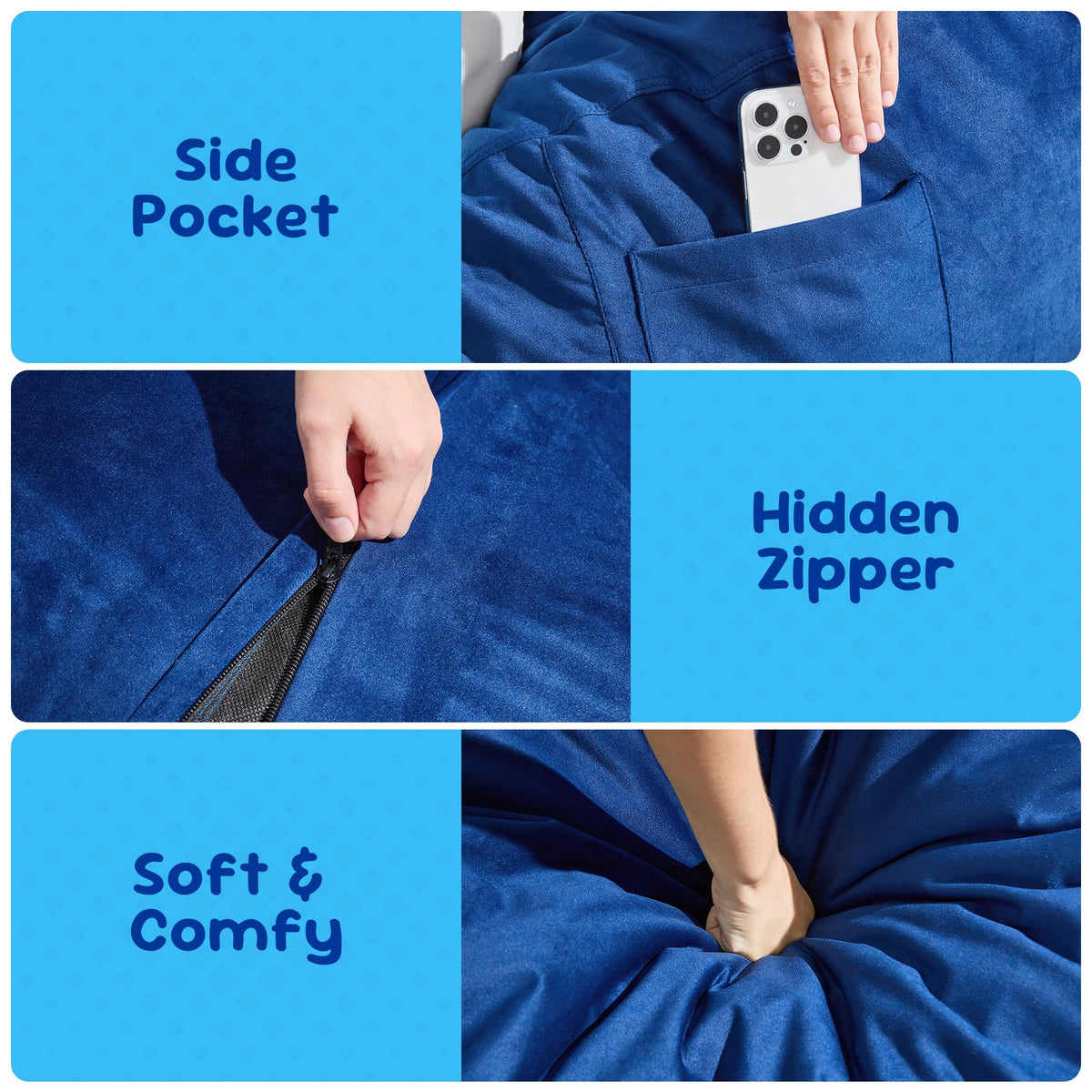 Hobestluk Bean Bag Chair 2.5ft BeanBag Velvet Fabric Medium Blue