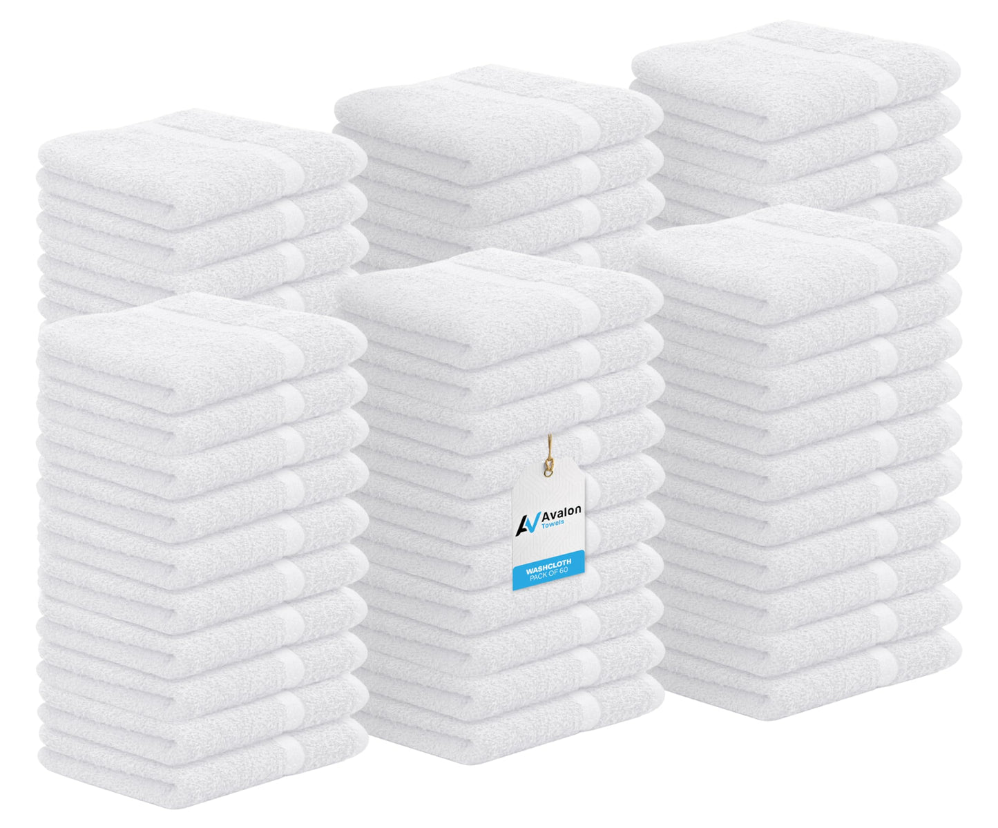 Avalon Towels Cotton Washcloths – (Pack of 60) Size 12x12 Inches, 100% Ring Spun Cotton, Soft & Absorbent Face Towels, Gym Towels, Hotel and Spa Quality, Reusable Fingertip Towels (White)