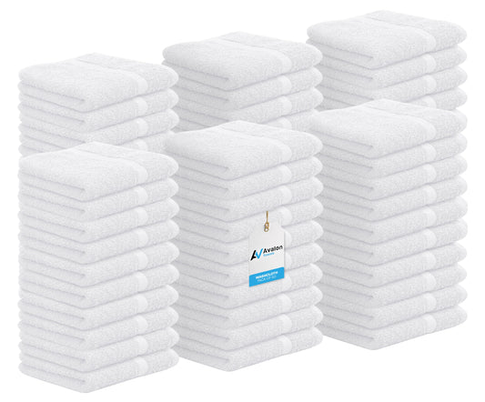 Avalon Towels Cotton Washcloths – (Pack of 60) Size 12x12 Inches, 100% Ring Spun Cotton, Soft & Absorbent Face Towels, Gym Towels, Hotel and Spa Quality, Reusable Fingertip Towels (White)