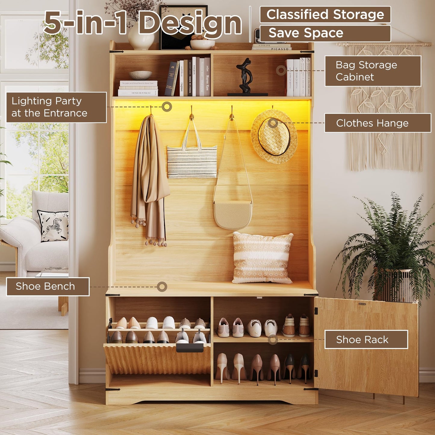 Maupvit Farmhouse Hall Tree with Bench and Shoe Storage, 4 Coat Rack with Shoe Storage Cabinet, 5-in-1 Entryway Organizer with Led Lights, Adjustable Shelves & Flip Drawers, Mudroom Seat Stool, Oak