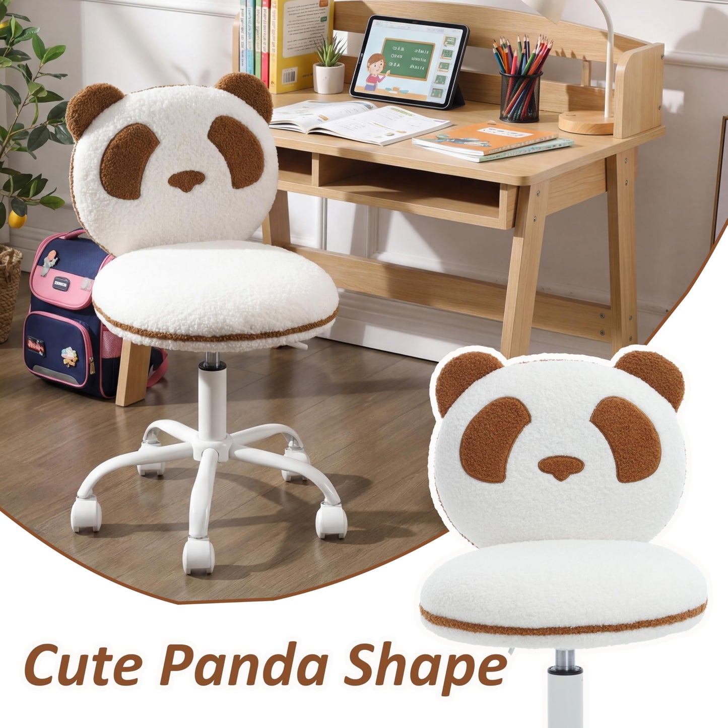 DAYAOUTDOOR Kids Desk Chairs Panda, Desk Chair Comfy for 8-12, Kids Computer Chairs with Wheels, Kid Furniture for Bedroom, Cute Fluffy Office Chairs, Adjustable Ergonomic Study Chair, Brown