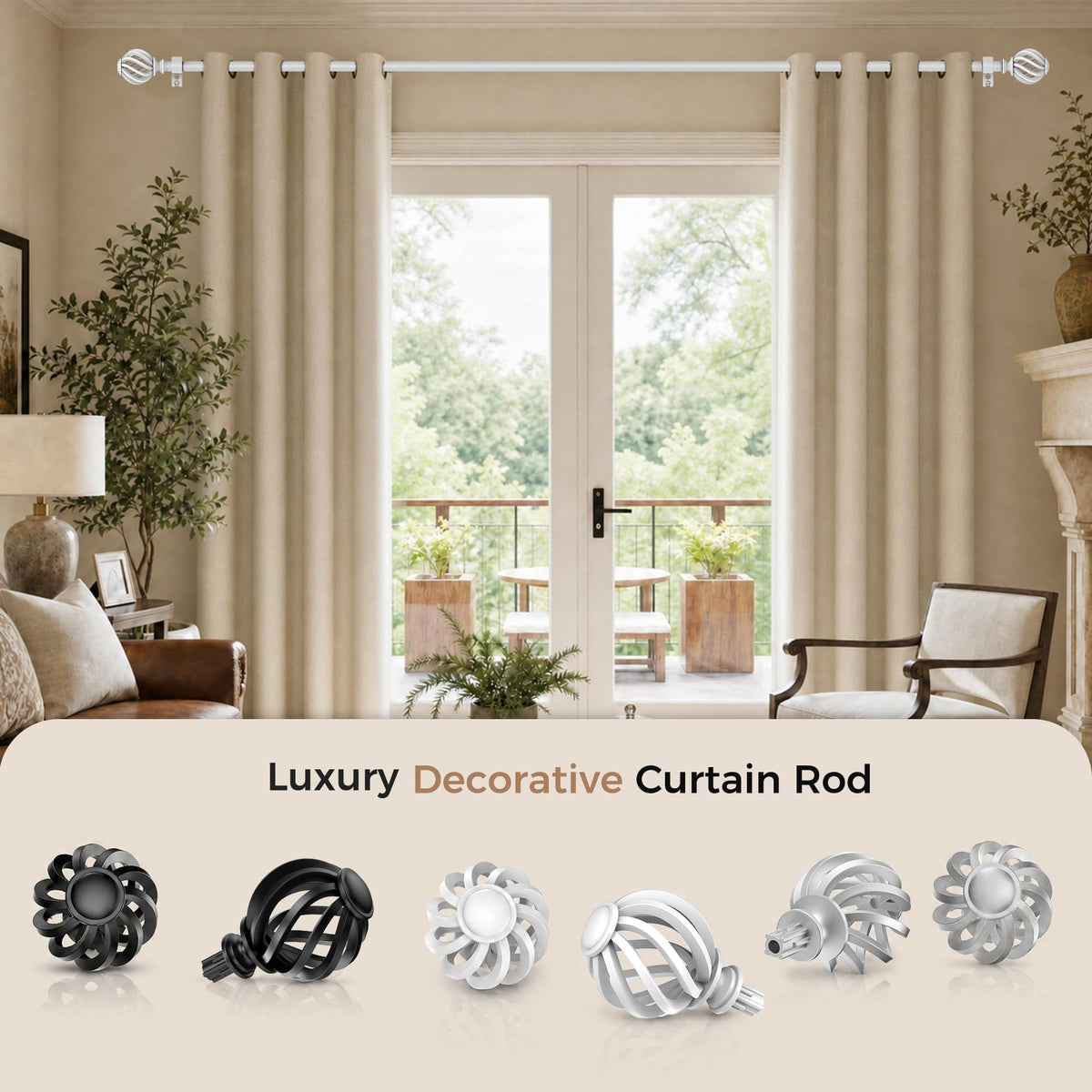 White Decorative Curtain Rods for Windows, 2 Pack Adjustable 30-60 Inch