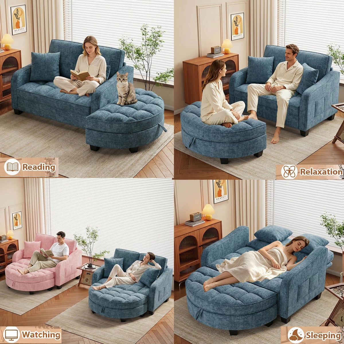 GEEVIVO Oversized Chaise Lounge Chair Indoor with Curved Ottoman, Blue