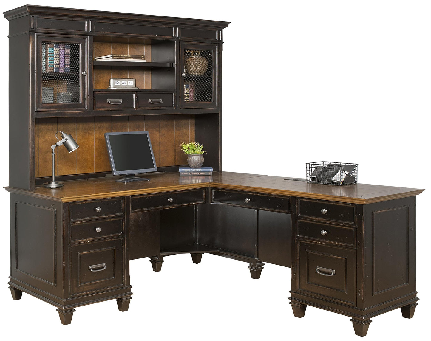 Martin Furniture Hartford Wood Hutch with Wire Mesh Doors Storage Hutch Office Cabinet Black