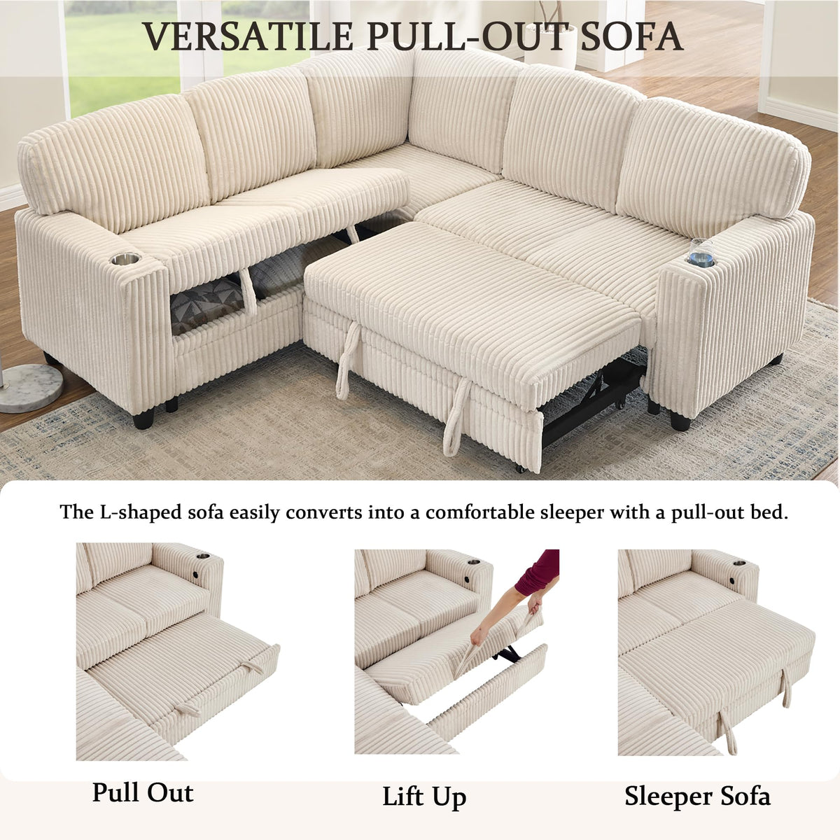 KavlSean 81" Corduroy L Shaped Sectional Sleeper Sofa Pull Out Bed 5-Seater