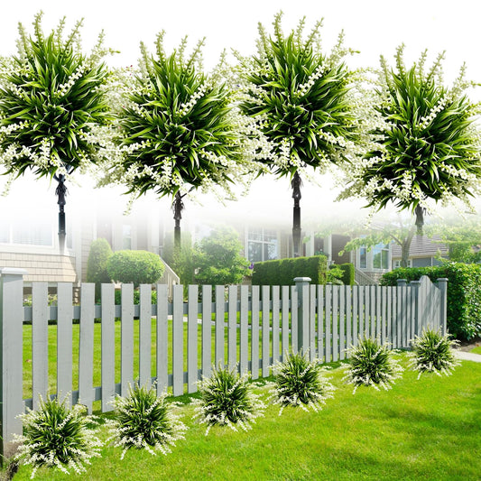 YUGYUM Artificial White Lavender Shrubs, 4 Pack Faux Lavender Bushes with Ground Stakes, UV Resistant Fake Flowers Plants for Outdoor Garden Patio Yard Landscape Decor
