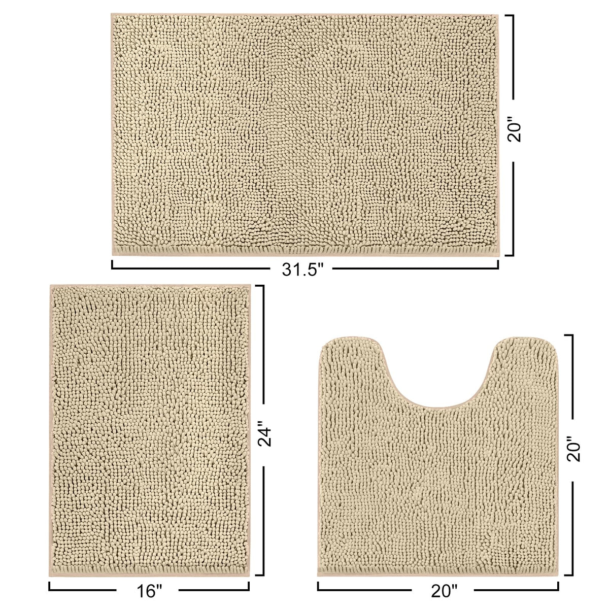 Hbsmat Bathroom Rug Set 3 Pieces Luxuriously Soft, Highly Absorbent Chenille Bath Rugs with Non-Slip PVC Backing and Machine Washable Toilet Rug for Bathroom, Bedroom, Kitchen, Hallway, Beige