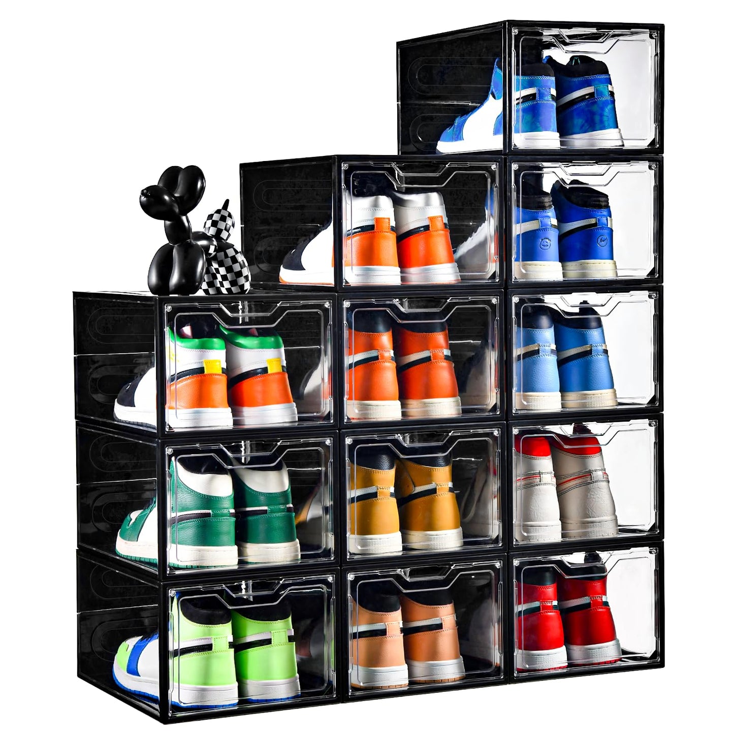 Stebopum 12 Pack Stackable Shoe Storage Organizer with Magnetic Door, Shoe Boxes Clear Black Plastic for Closet, Shoe Rack for Sneaker Boot Container, Shoe Cabinet Fit up to US Size 12