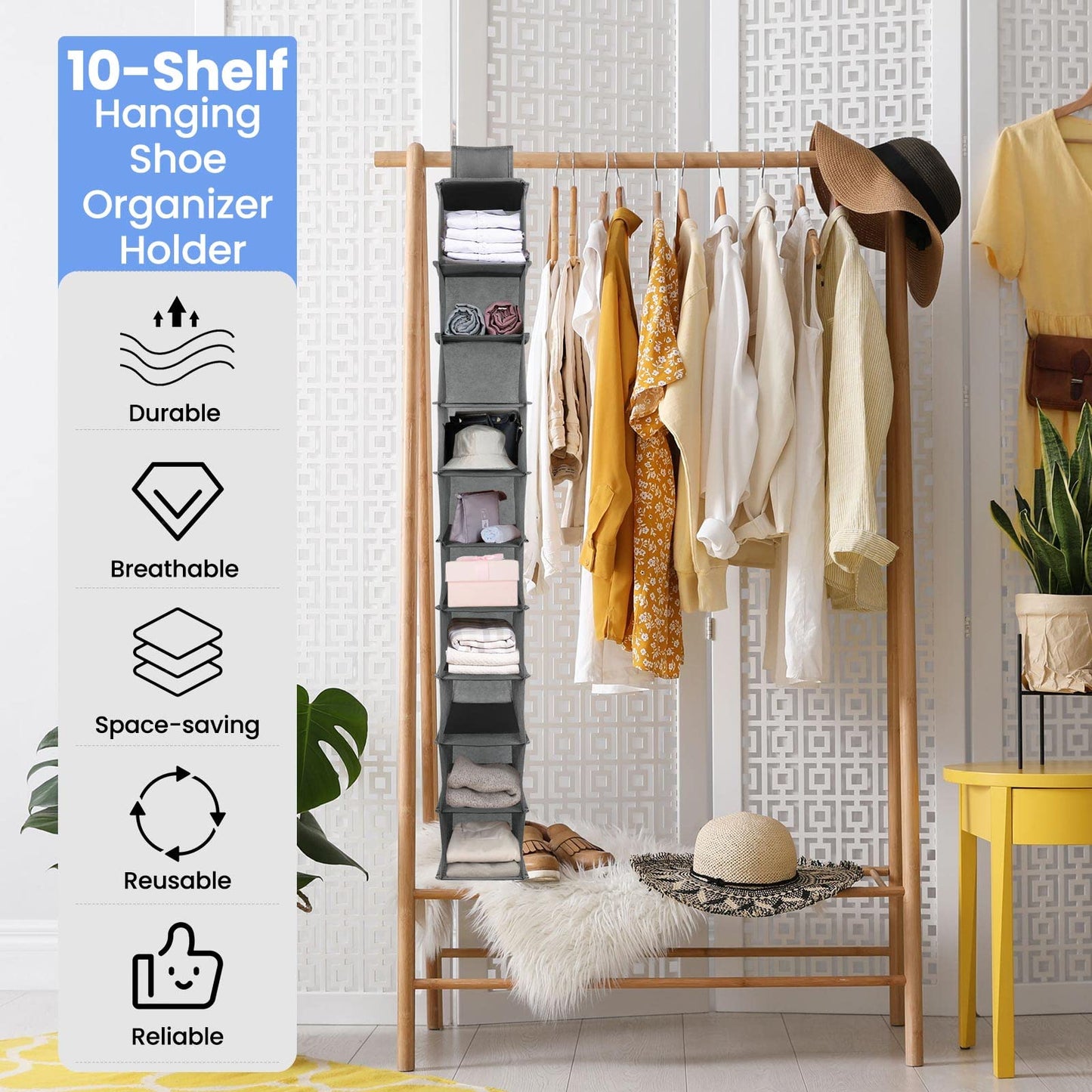Kenning 4 Pack Hanging Shoe Shelves 10 Shelf Hanging Shoe Organizer Holder for Hats Purses Handbags Closet Space Saving