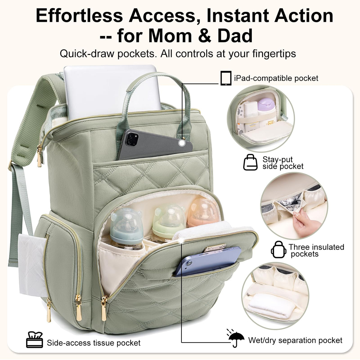 Weitars Diaper Bag Backpack Large Baby Diaper Bag with Changing Pad Green