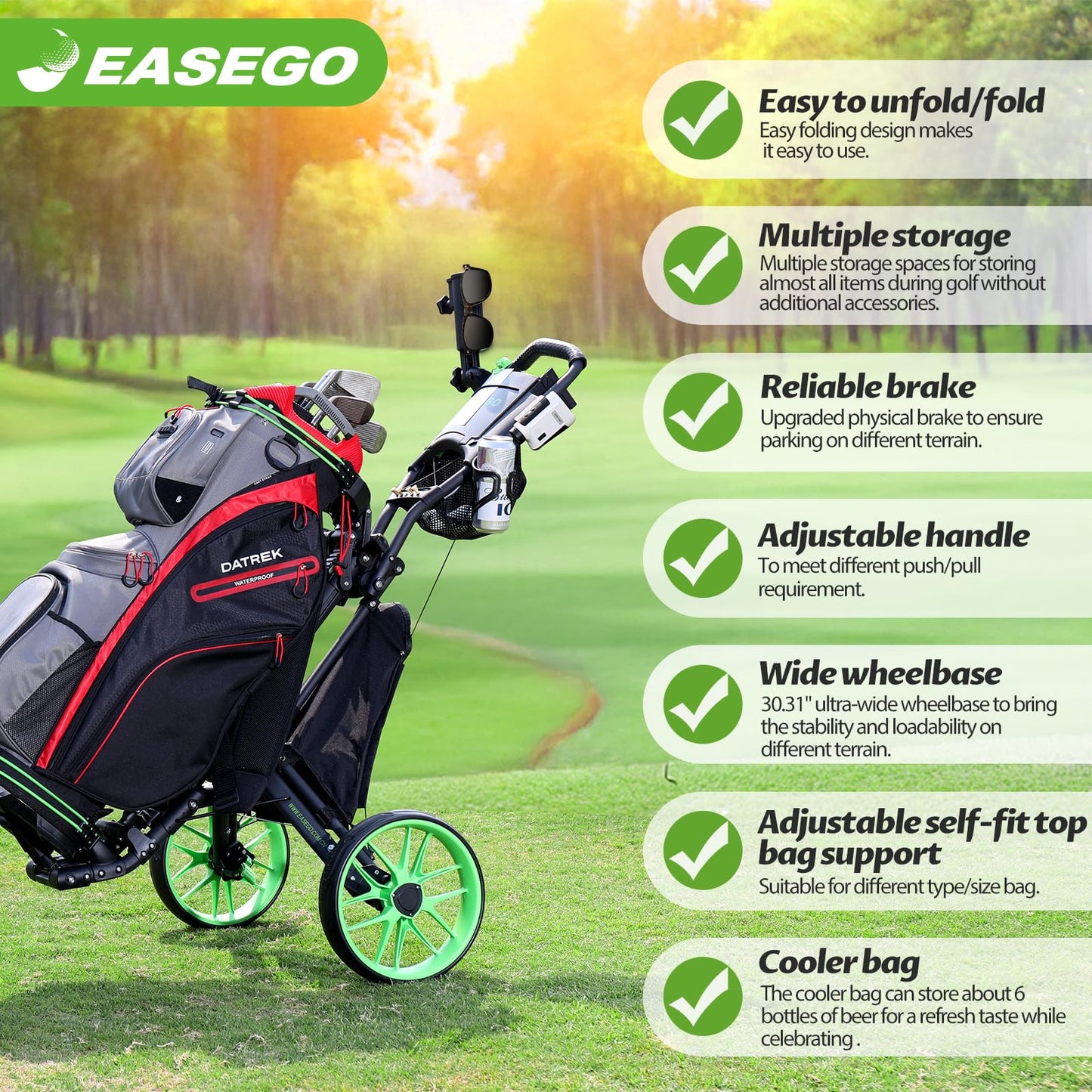 EASEGO Golf Push Cart 3 Wheel : 360° Swivel Front Wheels Golf Walking Carts