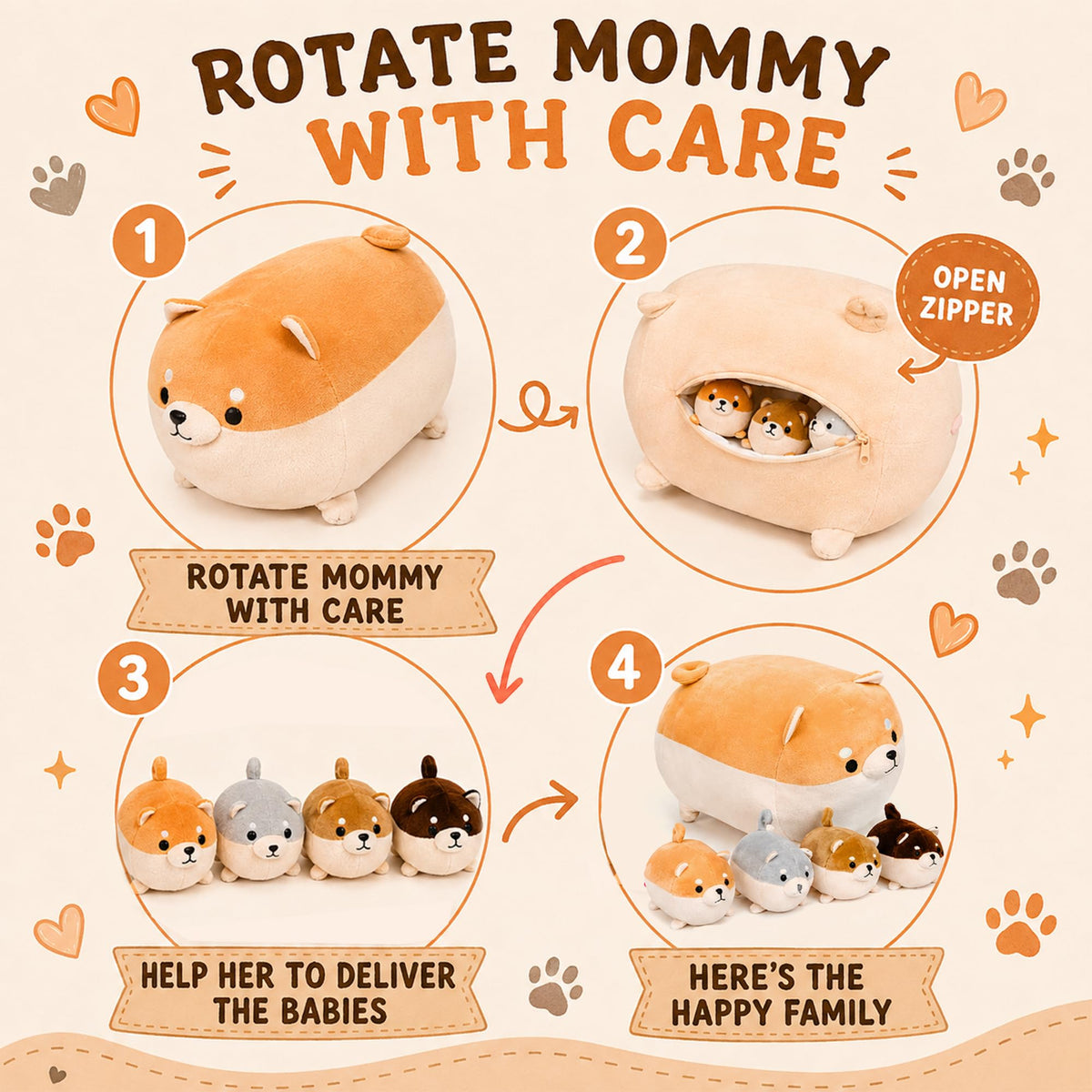 PixieCrush Stuffed Dog Toy - Cute Plushies Shiba Inu Mommy with 4 Puppies - Adorable Plush Pillow for Imaginative Play - Puppy Surprise Soft Animal Toy Set for Girls - Stuffed Animals for Ages 3-8