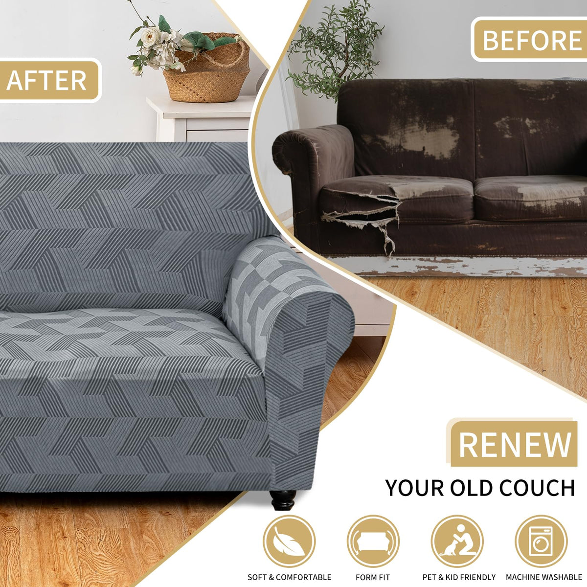 JIVINER 1 Piece Couch Cover for 3 Cushion Couch, High Stretch Sofa Covers with Elastic Bottom, Washable Sofa Slipcovers for Dog, Pets Feature Geometrical Jacquard Fabric (Sofa, Light Grey)