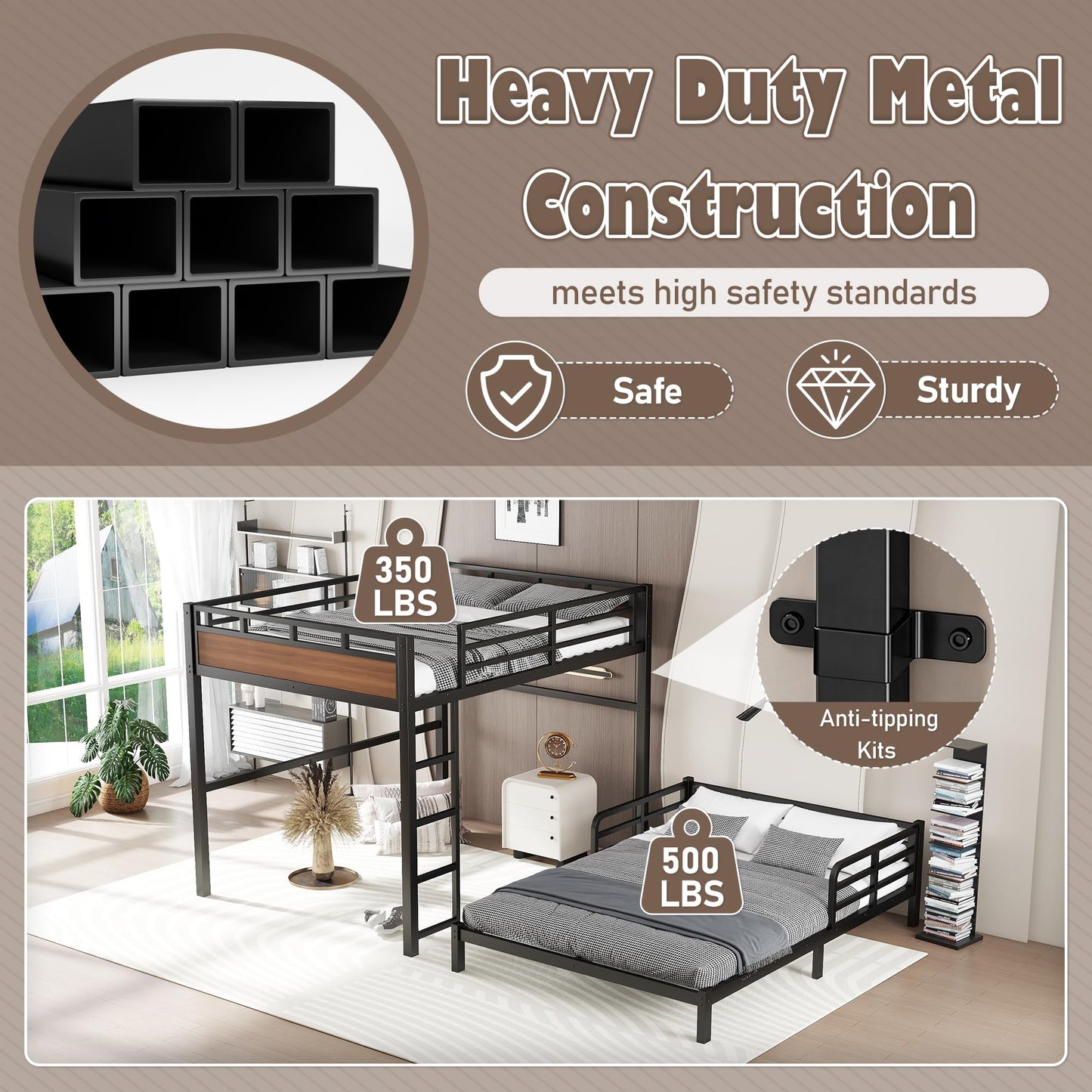 Bellemave Full XL Over Full XL Bunk Bed, Separable Bunk Beds for Kids, Converts to Loft Bed & Platform Bed, Heavy Duty Metal Bunkbed with Guardrails, No Box Spring Needed, Walnut