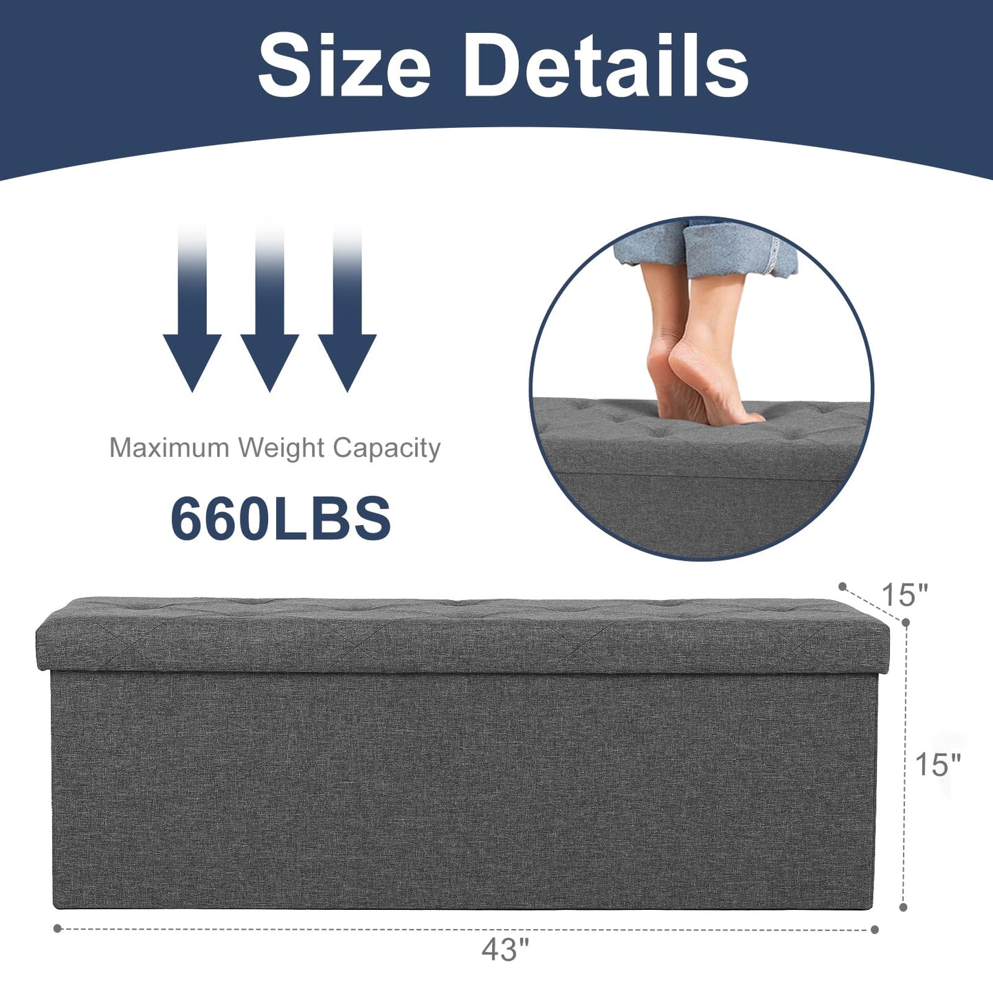 DUMOS 43 Inch Folding Storage Ottoman Bench, Large Hidden Storage Chest with Thicker Foam Padded Seat, End of Bed Foot Rest Stool for Bedroom Living Room Entryway, Load 660 lbs, Grey