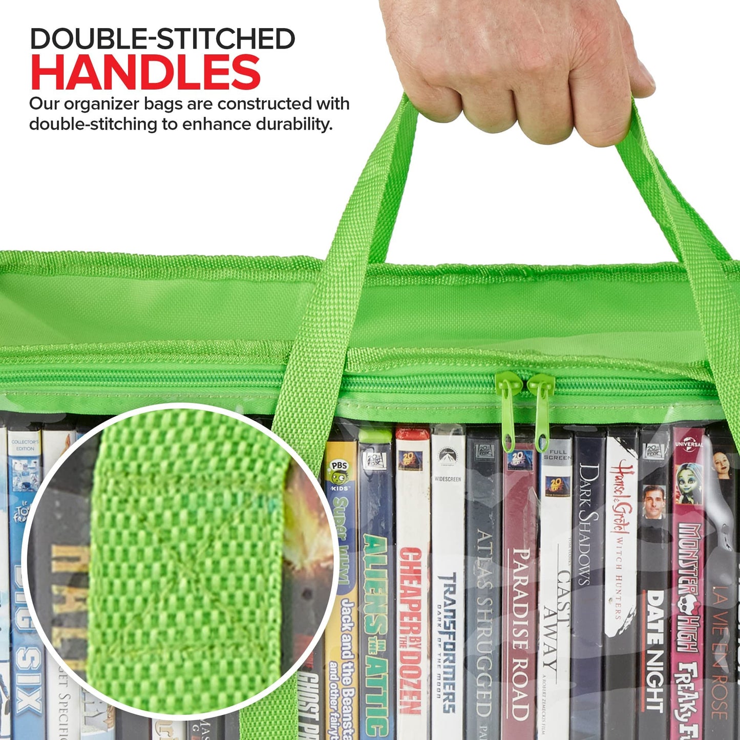 Stock Your Home DVD Storage Bags (Set of 6) Media Organizer Bag for DVDs, CDs, Blu Ray Disc, Movie Cases, VHS Box, Video Game Disks, Clear Plastic Holders with Carrying Handles and Zipper - Green