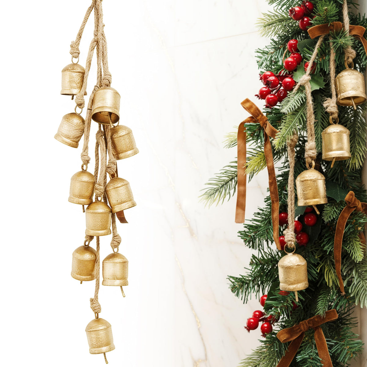 Rustic Golden Christmas Bell Ornaments & Velvet Bows - Set of 10