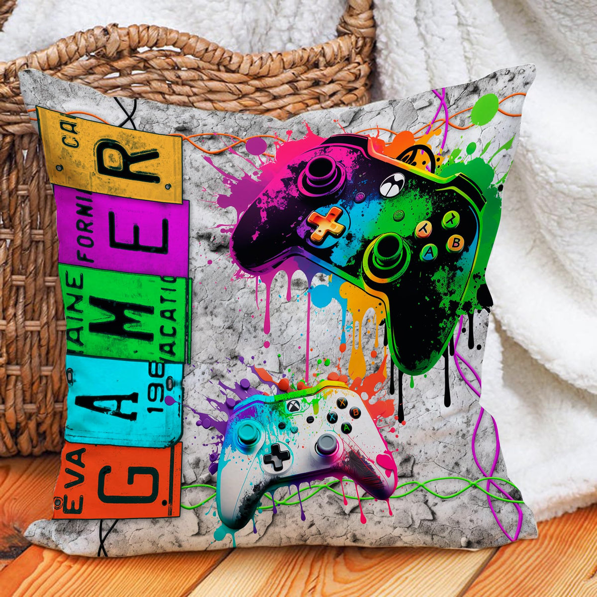 Leaveland Neon Video Game Controller 18x18 Inch Throw Pillow Cover Luminous Gaming Decorative Soft Square Cushion Case Playroom Teen Boy Son Gamer Party Decor Christmas Day Gift Accent Pillowcase Sham