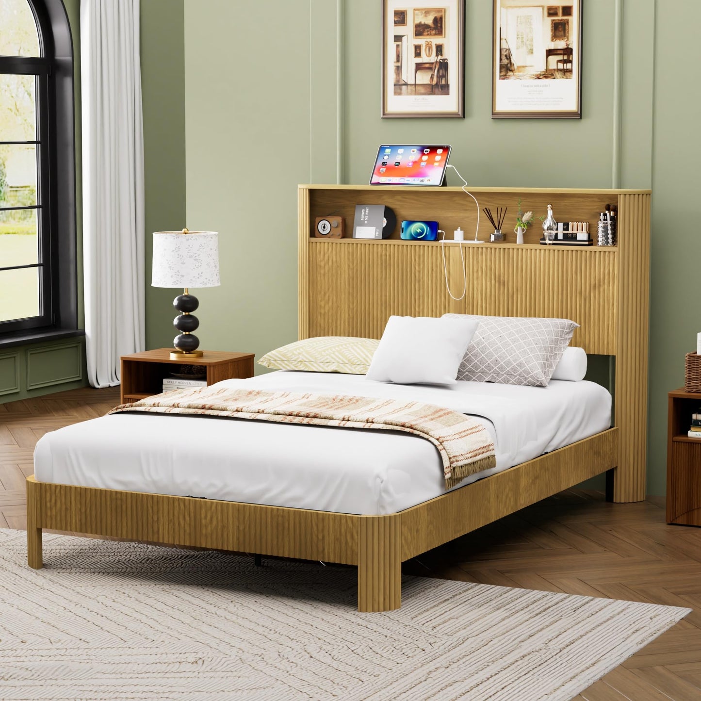 Rumiiro Full XL Size Bed Frame with Fluted Headboard Storage, USB/Outlets, Quiet Metal Slats, No Box Spring, Natural Oak
